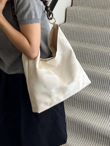 Borsa a Spalla Hobo in Pelle PU con Motivo Marmoreo Vintage per Donna Borsa Tote a Grande Capacità con Tracolla in Perle di Legno