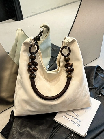 Borsa a Spalla Hobo in Pelle PU con Motivo Marmoreo Vintage per Donna Borsa Tote a Grande Capacità con Tracolla in Perle di Legno