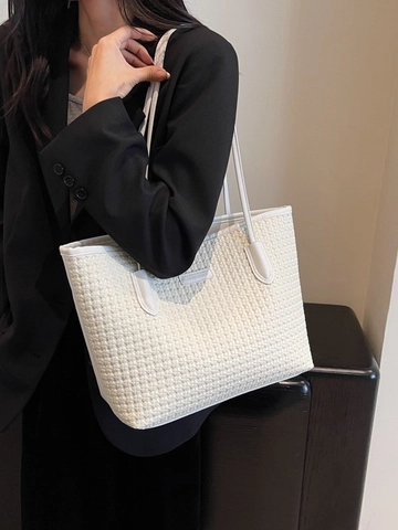 Women Large Capacity Woven Tote Bag PU Leather Fashion Commuter Shoulder Bag Handbag Minimalist Solid Color Shopping Bag