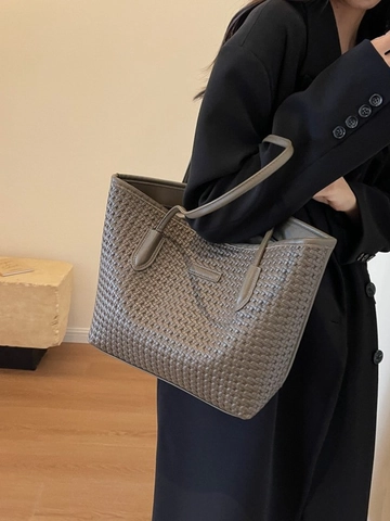 Women Large Capacity Woven Tote Bag PU Leather Fashion Commuter Shoulder Bag Handbag Minimalist Solid Color Shopping Bag