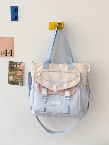 Sac à Bandoulière en Nylon Bloc de Couleur Grande Capacité pour Femmes Style Académie Japonaise Sac de Voyage Léger