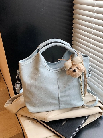 Crocodile Embossed PU Leather Bucket Bag With Bear Pendant Large Capacity Women Fashion Shoulder Crossbody Handbag Daily