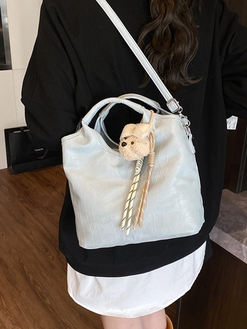Crocodile Embossed PU Leather Bucket Bag With Bear Pendant Large Capacity Women Fashion Shoulder Crossbody Handbag Daily