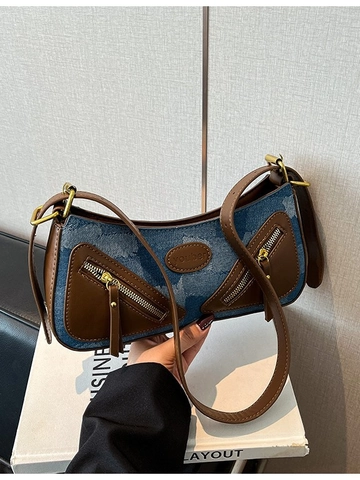 Vintage Denim Patchwork Baguette Bag For Women Retro Y2K Style Underarm Shoulder Bag With Adjustable Strap Commuting Handbag