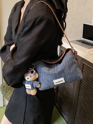 Sac Seau en Denim à la Mode pour Femmes Retro PU Cuir Garniture Sac Bandoulière Avec Pendentif Ours en Peluche