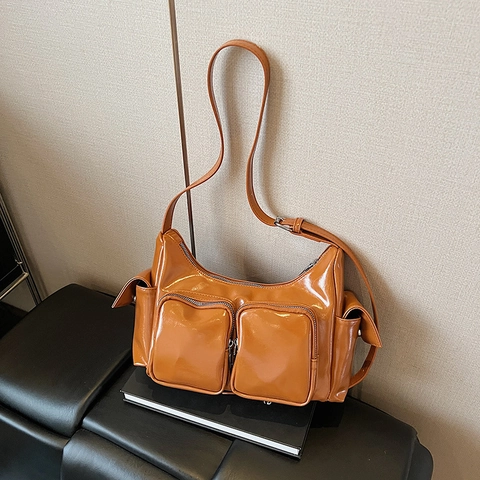 Vintage Multi Pocket Underarm Bag Women PU Leather Shoulder Bag Y2K Casual Messenger Bag With Adjustable Strap Solid Color