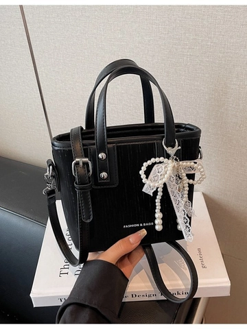 Sac Seau en Cuir PU Mode Femme Sac Fourre-tout Élégant Avec Charme Nœud en Dentelle Perle Artificielle Sac Bandoulière Quotidien