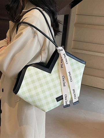 Bolso de Mano Informal de Tela de Ajedrez para Mujer Bolso de Hombro de Gran Capacidad de Color de Contraste con Decoración de Cinta
