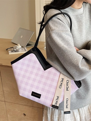 Bolso de Mano Informal de Tela de Ajedrez para Mujer Bolso de Hombro de Gran Capacidad de Color de Contraste con Decoración de Cinta