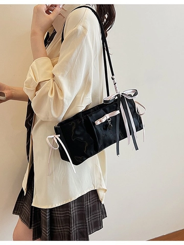 Balletcore Women PU Leather Underarm Shoulder Bag With Bow Heart Pendant Large Capacity Niche Fashion Commute Bag
