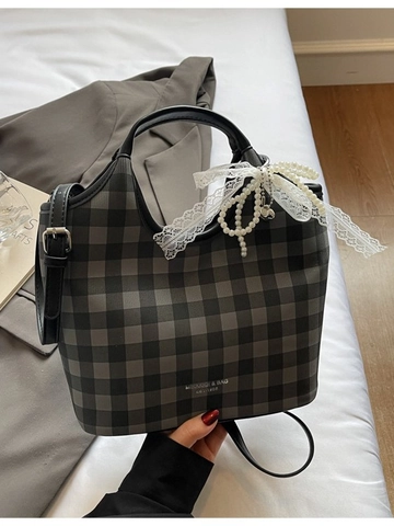 Fashion Gingham Plaid Tote Bag For Women Large Capacity Shoulder Crossbody Bag With Pearl Lace Bow Charm Commuter Handbag