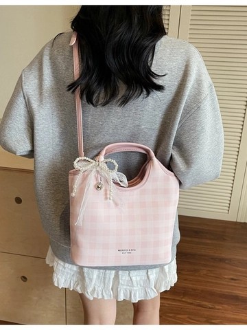 Fashion Gingham Plaid Tote Bag For Women Large Capacity Shoulder Crossbody Bag With Pearl Lace Bow Charm Commuter Handbag