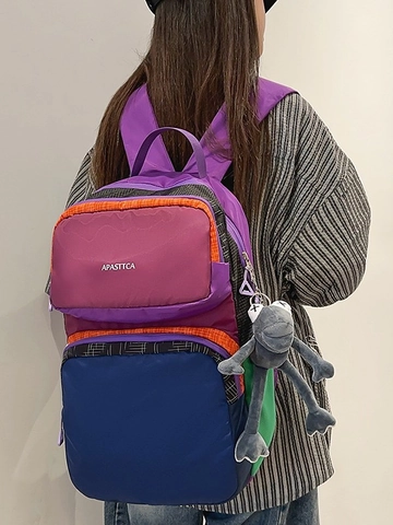Sac à Dos Patchwork Grande Capacité Style Coréen Décontracté en Nylon Sac d'École pour Étudiants Voyage Randonnée Unisexe