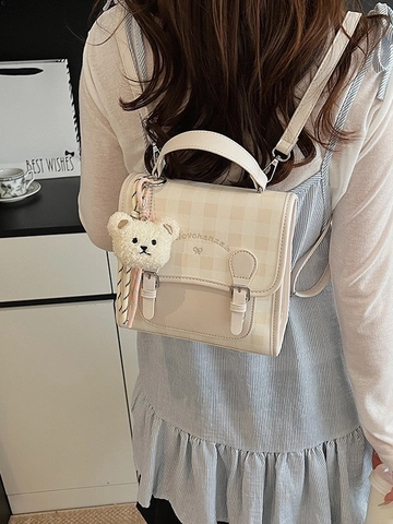 Mini Mochila de Moda a Cuadros para Mujer Cuero PU Color de Contraste Bolso Escolar Pequeño Con Colgante de Oso