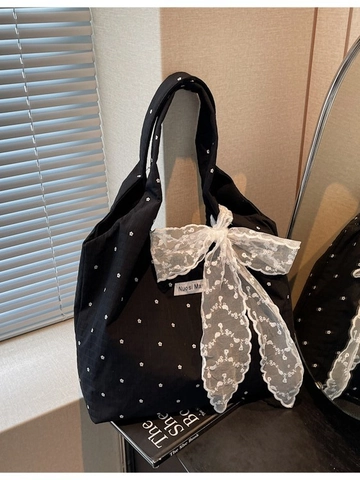 Women Japanese Pastoral Floral Canvas Tote Bag Large Capacity Shoulder Bag With Sweet Lace Bow Elegant Daily Shopping Bag