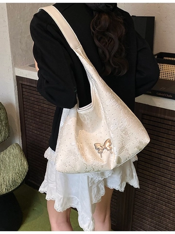 Butterfly Decoration Women Large Capacity Tote Bag PU Leather Shoulder Underarm Bag Fashion Hobo Handbag Casual Commuter Bag