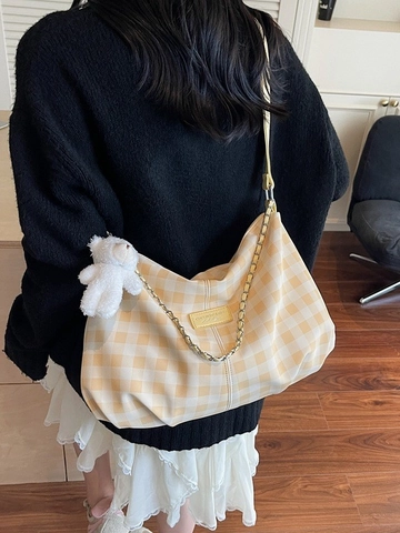 Borsa a Spalla Donna a Quadretti Gingham in Pelle PU Tote Con Ciondolo Orsetto Catena in Metallo Borsa a Tracolla Scuola