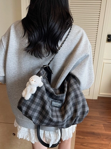 Borsa a Spalla Donna a Quadretti Gingham in Pelle PU Tote Con Ciondolo Orsetto Catena in Metallo Borsa a Tracolla Scuola