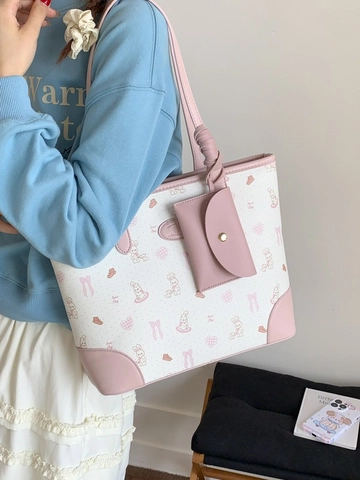 Borsa Tote in Pelle PU Stampata Dolce da Donna Borsa a Tracolla di Grande Capacità Con Mini Pochette Con Motivo a Coniglio
