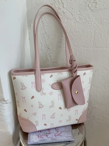 Borsa Tote in Pelle PU Stampata Dolce da Donna Borsa a Tracolla di Grande Capacità Con Mini Pochette Con Motivo a Coniglio