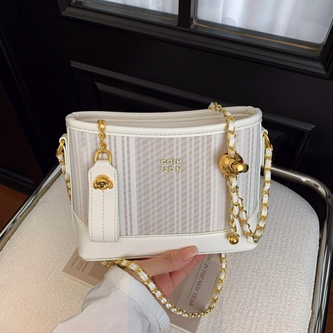 Women's Striped Crossbody Bag Patchwork PU Leather Fabric Shoulder Bag Gold Ball Chain Strap Retro Fashion Small Square Bag
