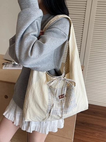 Women Large Capacity Plaid Cloth Tote Bag Casual Double Sided Shoulder Bag With Bow Decoration Commuter Travel Handbag