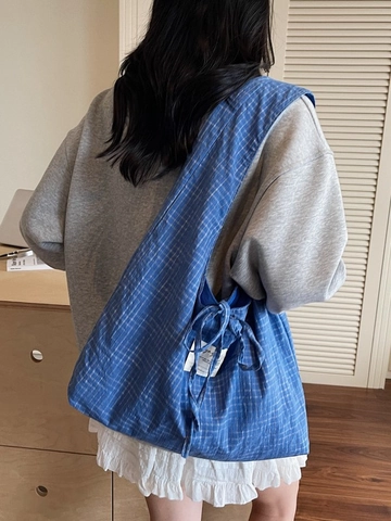 Women Large Capacity Plaid Cloth Tote Bag Casual Double Sided Shoulder Bag With Bow Decoration Commuter Travel Handbag