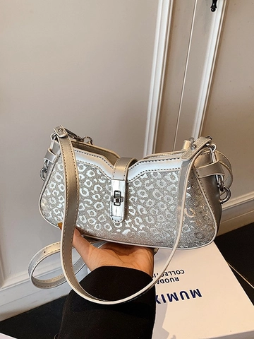 Mode High End Silber PU Pailletten Baguette Unterarmtasche Leopardenmuster Glitzer Schulter Crossbody Eimer Tasche Für Damen