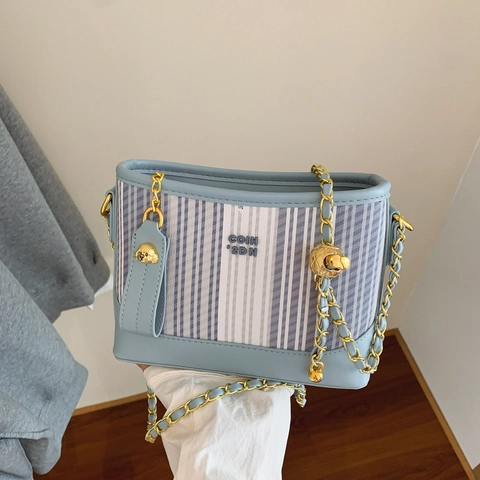 Women's Striped Crossbody Bag Patchwork PU Leather Fabric Shoulder Bag Gold Ball Chain Strap Retro Fashion Small Square Bag