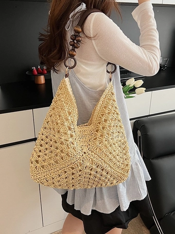 Large Capacity Straw Woven Shoulder Bag For Women Hollow Out Design With Wood Bead Strap Summer Vacation Tote Bag