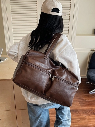 Bolsa de Viaje de Cuero PU de Gran Capacidad Color Sólido Bolsa de Deporte Ligera Bolso de Mano para Viajes de Fin de Semana Fitness Unisex