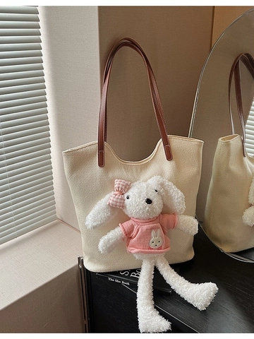 Sac Fourre-Tout en PU pour Femmes Grande Capacité Avec Pendentif Lapin en Peluche Sac à Épaule Décontracté pour Étudiantes