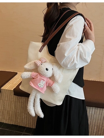 Sac Fourre-Tout en PU pour Femmes Grande Capacité Avec Pendentif Lapin en Peluche Sac à Épaule Décontracté pour Étudiantes