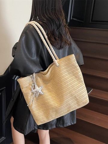 Sac Cabas en Paille Tissée pour Femme Grande Capacité Rayé Sac à Main de Plage Vacances Avec Pendentif Étoile Anse en Corde de Coton Sac à Épaule