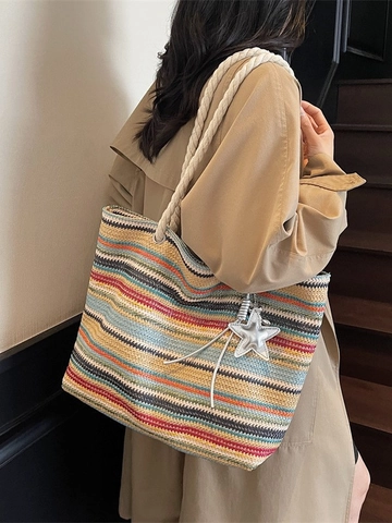 Sac Cabas en Paille Tissée pour Femme Grande Capacité Rayé Sac à Main de Plage Vacances Avec Pendentif Étoile Anse en Corde de Coton Sac à Épaule
