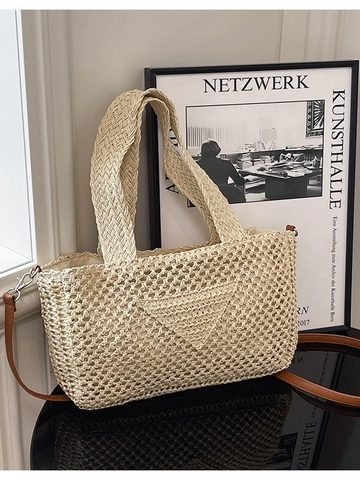 Sac Bandoulière en Tricot Grande Capacité pour Femmes Sac de Plage Tissé Décontracté avec Design Triangle Ajouré