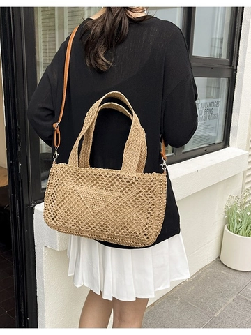 Sac Bandoulière en Tricot Grande Capacité pour Femmes Sac de Plage Tissé Décontracté avec Design Triangle Ajouré