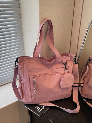 Large Capacity Women Nylon Tote Bag With Small Round Pouch Adjustable Strap Casual Crossbody Shoulder Bag For School Daily Use
