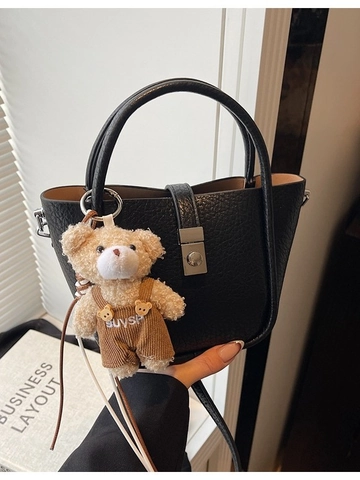 Sac Seau en Cuir PU pour Femme Mode Texture Litchi Sac Bandoulière Minimaliste Avec Charme d'Ours Petit Sac à Main