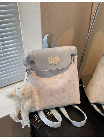 Sac à Dos Femme en Cuir PU Style Coréen Grande Capacité Imprimé Lapin Dessin Animé Sac École Voyage Avec Pendentif Peluche