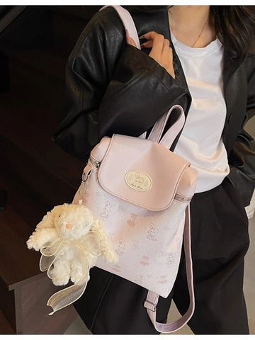 Sac à Dos Femme en Cuir PU Style Coréen Grande Capacité Imprimé Lapin Dessin Animé Sac École Voyage Avec Pendentif Peluche