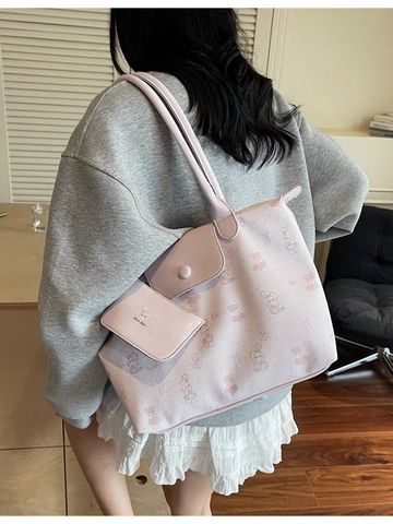 Sac Fourre-tout Imprimé Dessin Animé pour Femmes Grande Capacité Cuir PU Sac Bandoulière Avec Mini Pochette Ensemble Main