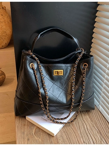 Women Large Capacity Quilted Tote Bag PU Leather Metal Chain Crossbody Shoulder Bag For Daily Commute Casual Fashion Handbag