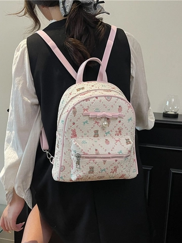 Sweet Bear Print Canvas Backpack For Girls Women Lightweight Plaid Heart Pattern School Bag Small Travel Daypack Fashion Backpack