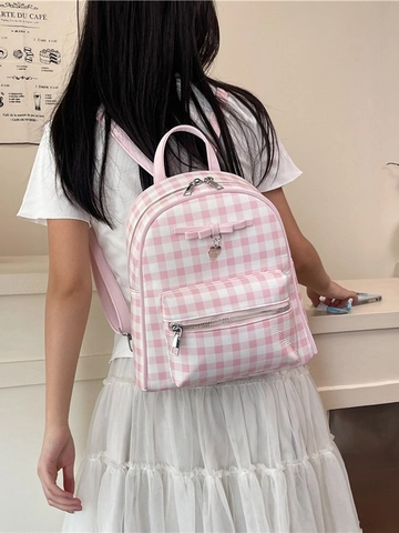 Sweet Bear Print Canvas Backpack For Girls Women Lightweight Plaid Heart Pattern School Bag Small Travel Daypack Fashion Backpack