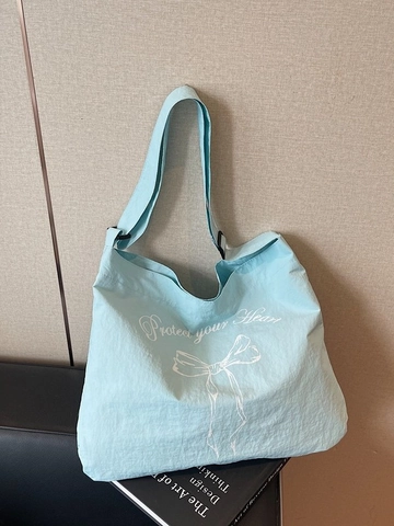 Large Capacity Canvas Tote Bag For Women Summer Bow Print Letter Graphic Shoulder Shopping Bag Korean Style Student School Bag
