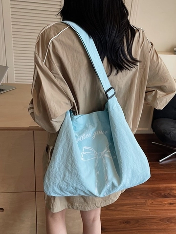 Large Capacity Canvas Tote Bag For Women Summer Bow Print Letter Graphic Shoulder Shopping Bag Korean Style Student School Bag