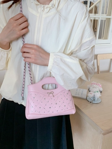 Women Quilted PU Leather Crossbody Bag Fashion Rhinestone Bowknot Decor Small Square Shoulder Bag With Metal Chain Strap