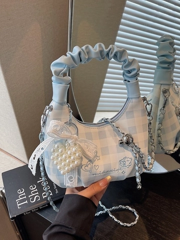 Women Niche Plaid Dumpling Bag PU Leather Ruched Handle Chain Crossbody Bag Stylish Handbag With Artificial Pearl Charm