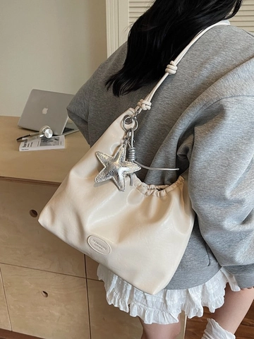 Women Fashion Pleated PU Leather Shoulder Bag With Star Charm Minimalist Large Capacity Tote Hobo Bag For Daily Commuting